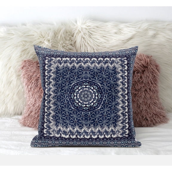 HomeRoots 411692 20 in. Indigo & White Holy Floral Suede Throw Pillow, Dark Blue & Gray