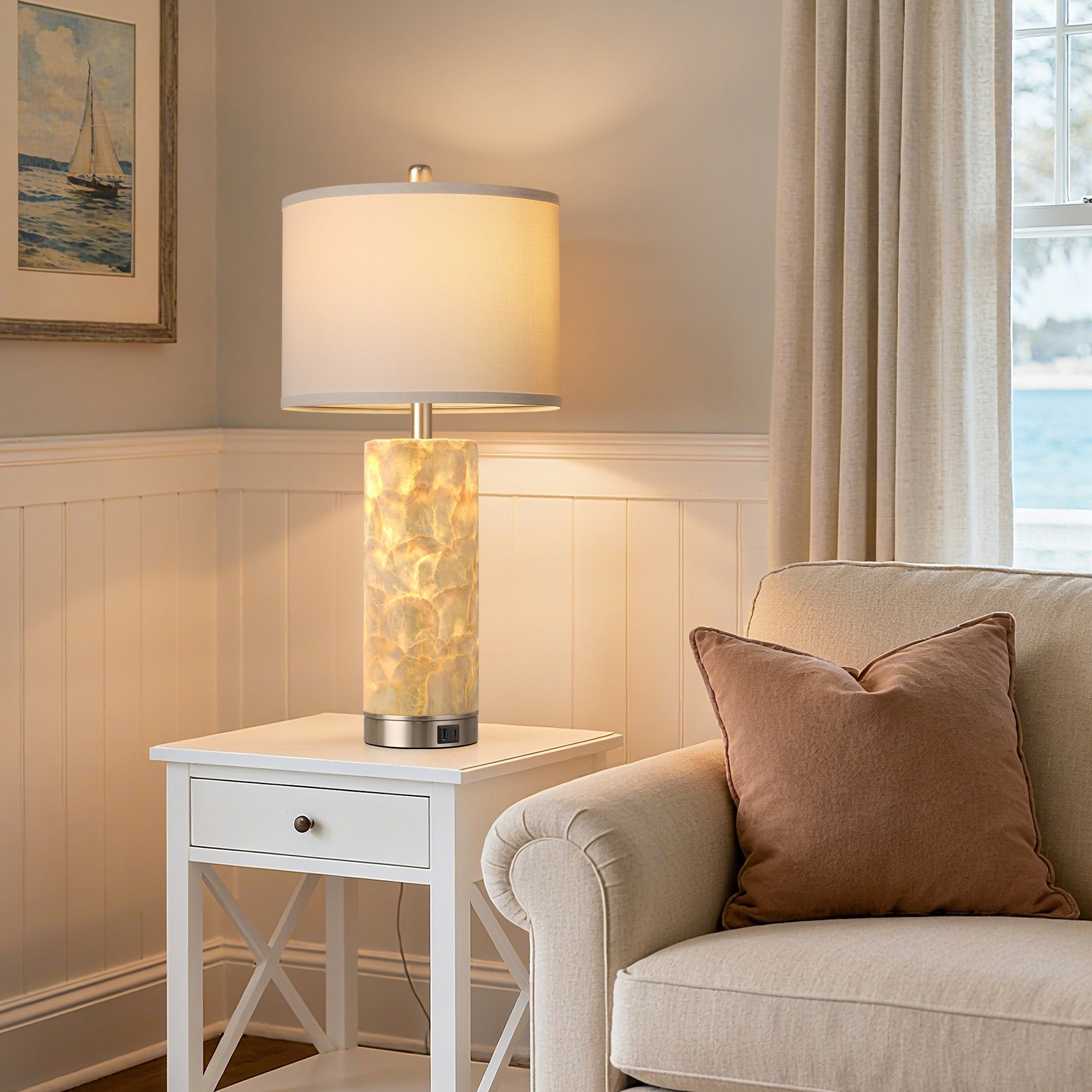 27in Coastal Table Lamps for Living Room Set of 2, Bedside Lamps with Night Light, Seashell Nightstand Lamps for Bedroom and Home Office