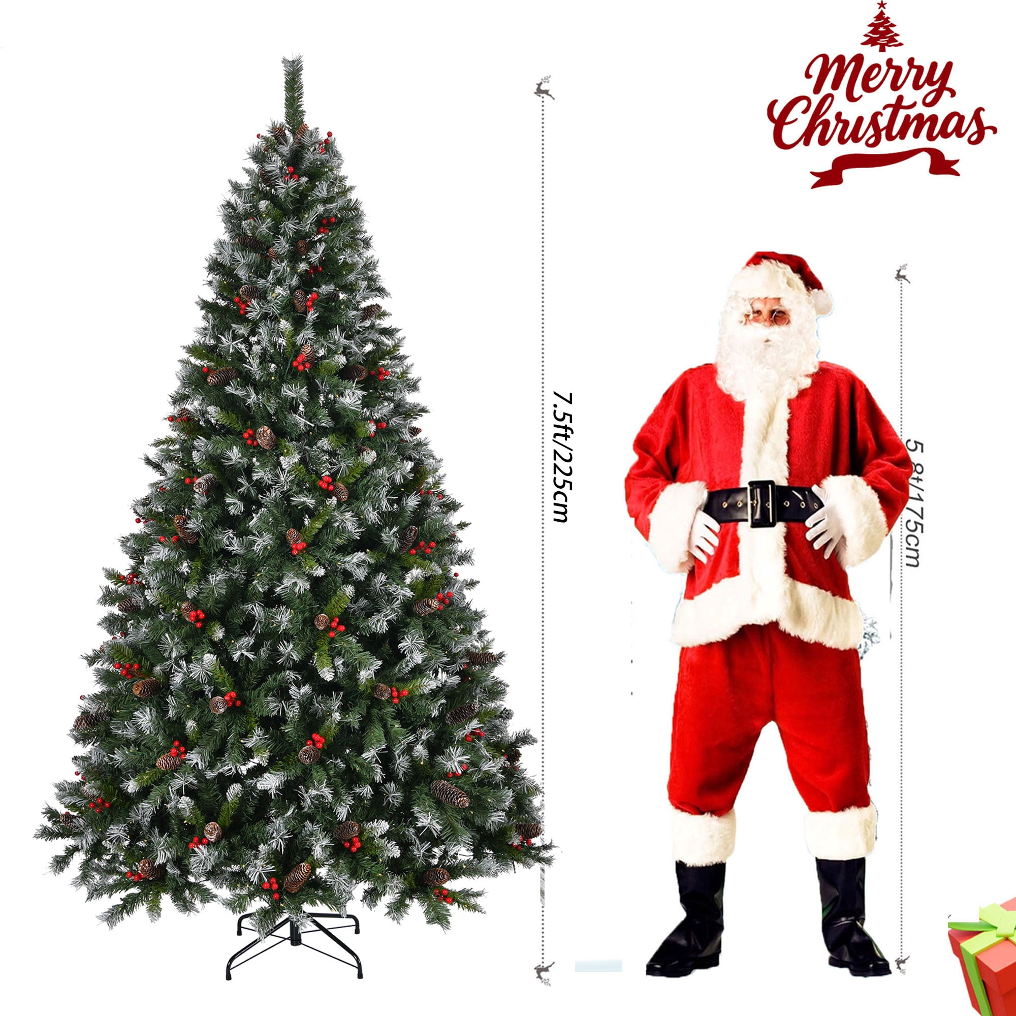 Pre-Lit Artificial Christmas Tree 7.5 ft Green PVC with Lights, Berries, Pinecones