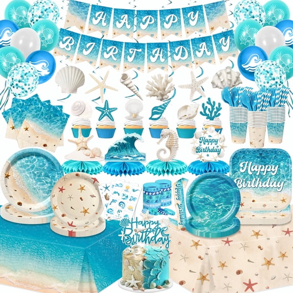 Xizondidi Beach Birthday Party Decorations, Ocean Themed Party Decorations with Paper Plates Napkins Tablecloths Banner Balloons for Serves 26