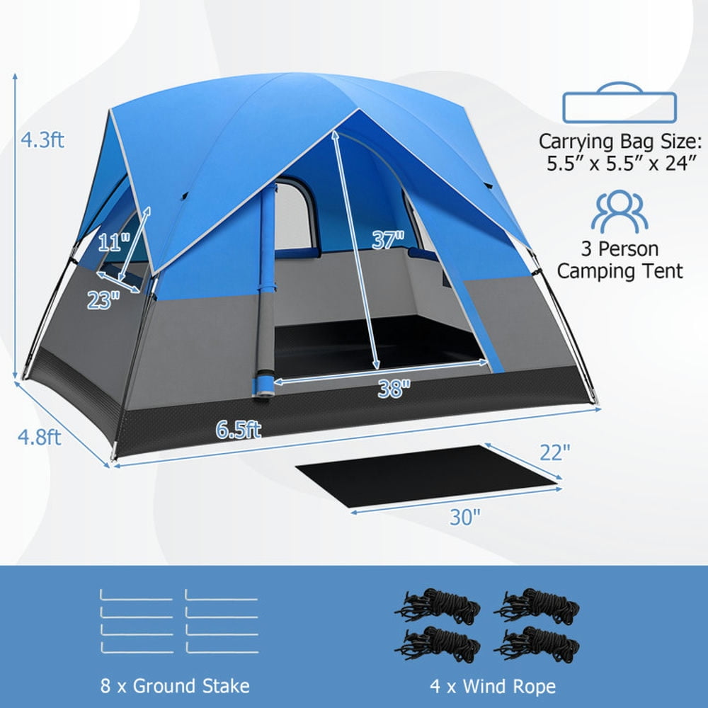 GVN Camping Tent, Tent,3 Person Outdoor Camping Tent with Removable Floor Mat for Camping Hiking Traveling-Blue