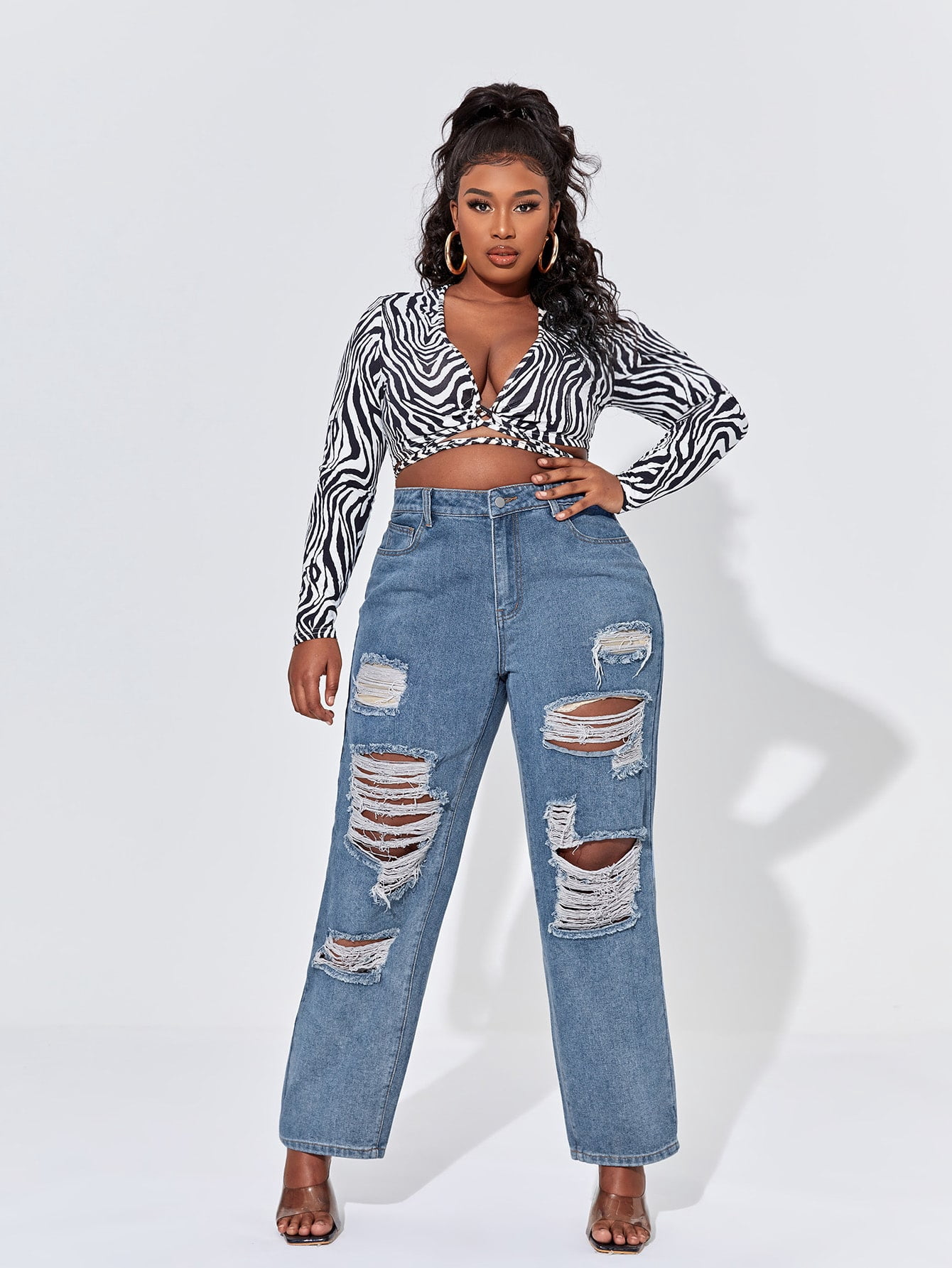 Women's Plus High Waist Ripped Frayed 