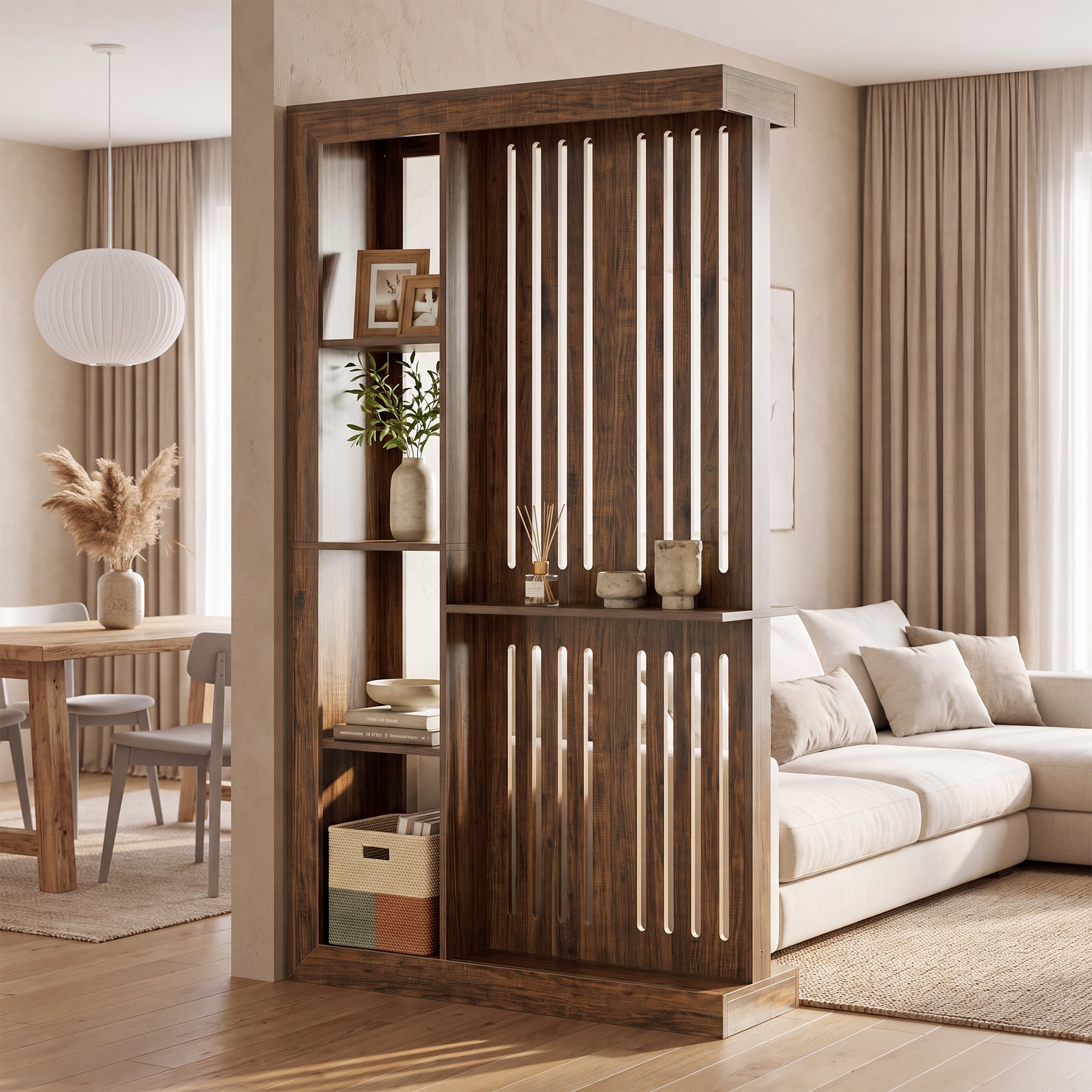Finmind 6-Tier Wooden Room Divider 70.87 Inch Tall Farmhouse Storage Room Divider with Shelves for Living Room Rustic Brown
