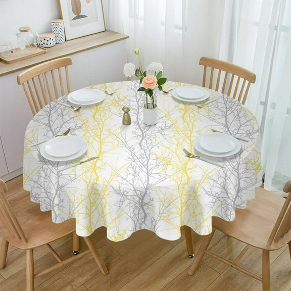 Yellow Gray Round Tablecloth 60 Inch - Waterproof Fabric Table Cloth Protector, Pastoral Botanical Branch Aesthetics Tablecloths Washable Table Cover for Kitchen Banquet Coffee Table Outdoor Party