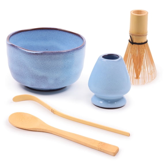 BambooMN Matcha Bowl Set (Includes Bowl, Rest,Tea Whisk, Chasaku, & Tea Spoon) 2 Sets Shimmering Blue