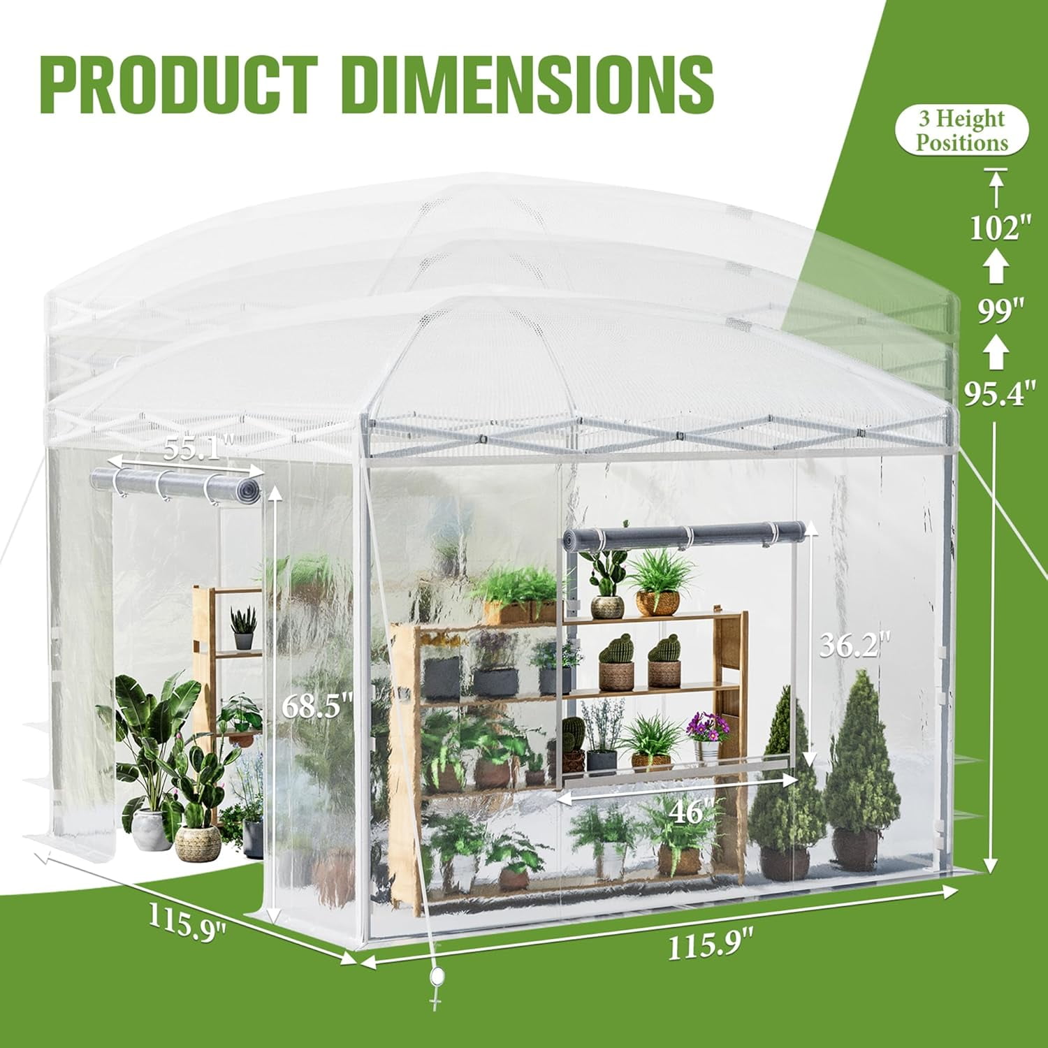 Jocisland 9.7x9.7×8.5 ft Upgraded Pop-up Portable Walk in Greenhouses for Outdoors with Adjustable Reinforced Frame, with Roll-up Zipper Door, White