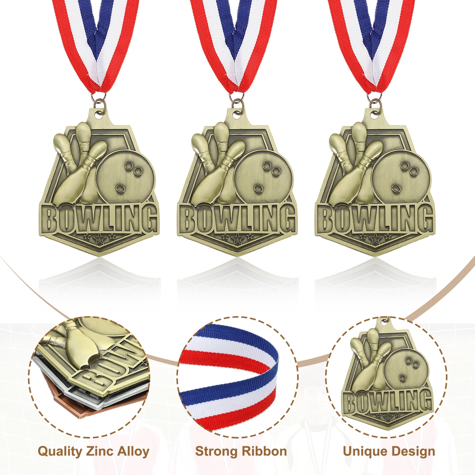 Uxcell Bowling Games Embossing Award Medals with Ribbons, Winner Medals Prizes for Competitions Sports Party Gold