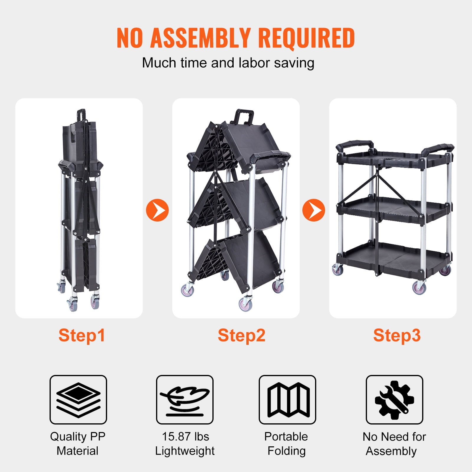 SKYSHALO Foldable Utility Service Cart with Swivel Lockable Wheels 165lbs 3 Shelf