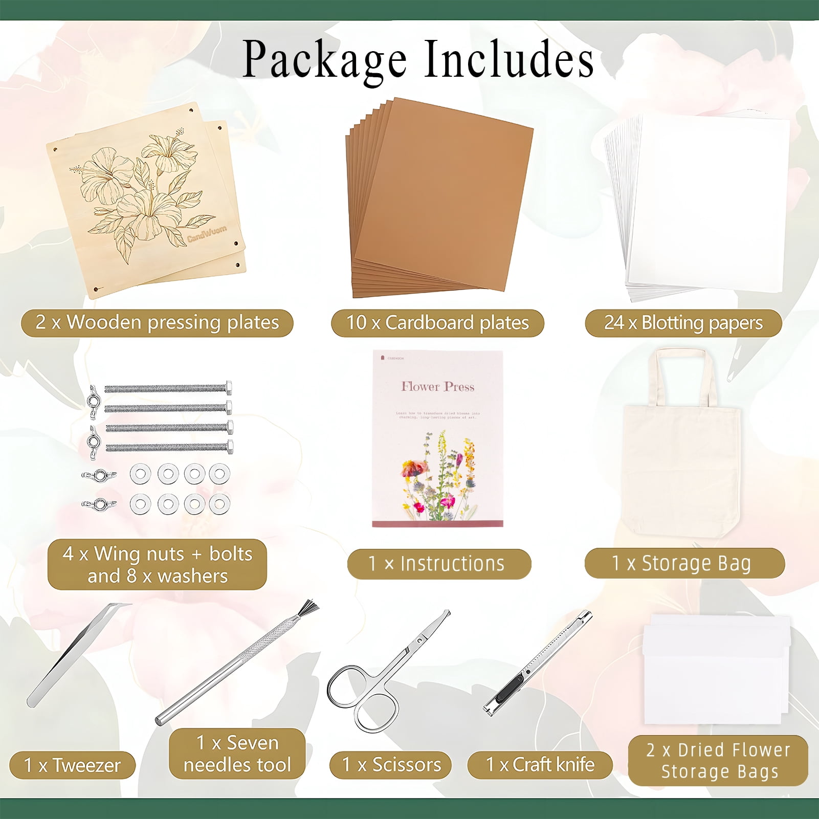 CandWuom Flower Press Kit, 11" x 11" Large Wooden Flower Pressing Craft for Adults & Kids, Bouquet Preservation Kit, DIY Flowers Drying Art, Ideal Gift for Arts and Crafts Lovers