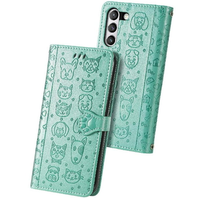 Funda Cartera FOXDOCK para Samsung Galaxy S21FE , Flip PU con Relieve de Gatos y Perros, Tarjetero y Soporte