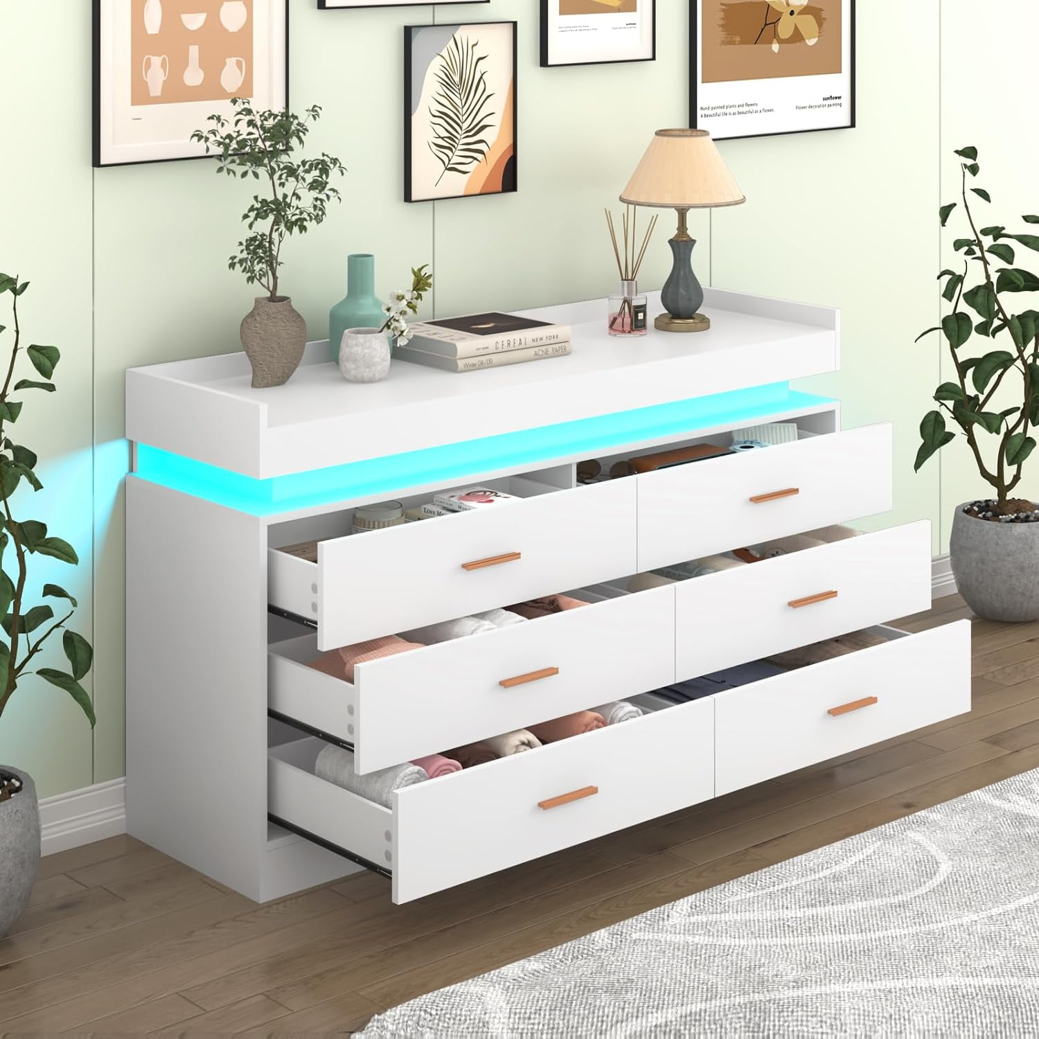 ChVans White Dresser with LED Light and Charging Station, Modern Wood Dresser with Wide Drawers and Metal Handles, 6 drawer dresser for Bedroom, Living Room, Entryway, Hallway