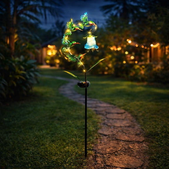 Solar Hummingbird & Glass Bellflower Garden Stake – LED Metal Decor,Pathway Light,Outdoor Yard Ornament,for Garden,Patio,Yard Decor