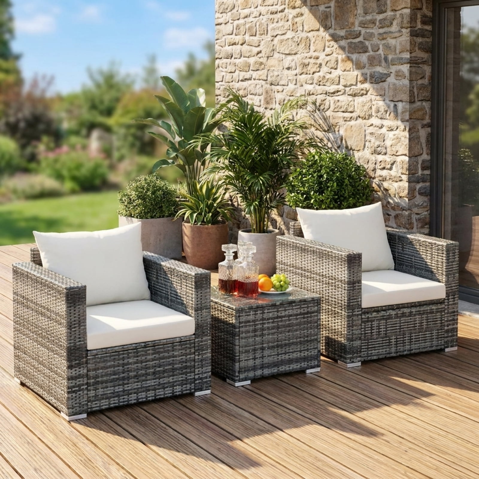 Biotree 3 Piece Patio Rattan Bistro Sofa Set outdoor conversation set with cushions and tempered glass coffee table for balcony garden and porch, White