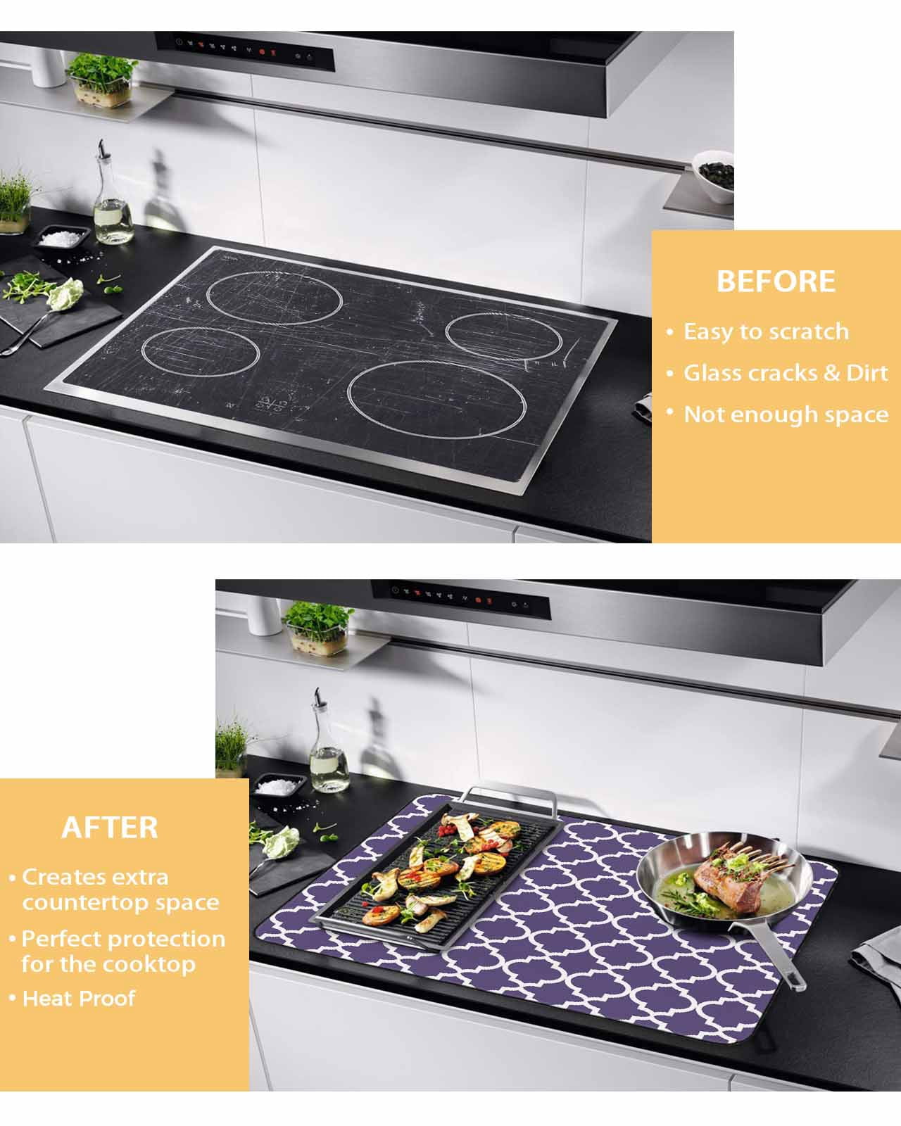 nqOlkjepod Large Induction Cooktop Protector Mat 28.5"x20.5", Purple Moroccon Stove Top Covers for Electric Stove, Country Chic Ethnic Minimalist Motifs Stove Burner Cover Mats Stove Cover