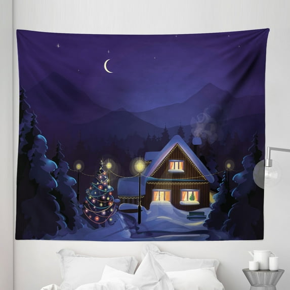 Christmas Tapestry, Winter Scenery with Designed House and Tree at Night Family Themed Concept Art, Fabric Wall Hanging Decor for Bedroom Living Room Dorm, 5 Sizes, Purple Blue, by Ambesonne