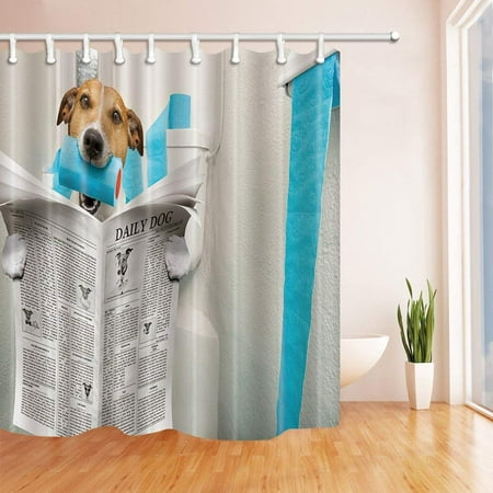 WOPOP Animal Decor Dog sit on Toilet with Toilet Paper in Mouth Polyester Fabric Bathroom Shower Curtain 66x72 (Best Way To Sit On Toilet)