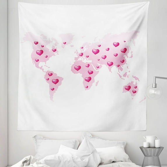 Pink Tapestry, Global Peace Theme World Map Dotted with Hearts Love Planet Earth, Fabric Wall Hanging Decor for Bedroom Living Room Dorm, 5 Sizes, Pale Pink Fuchsia White, by Ambesonne