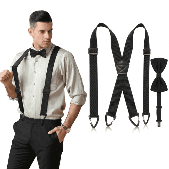 Suspenders & Bow Tie Set for Men, Heavy Duty X Back Hidden Suspenders 1.5" Under Clothes, Adjustable Work Belt Set for Formal Wedding & Business