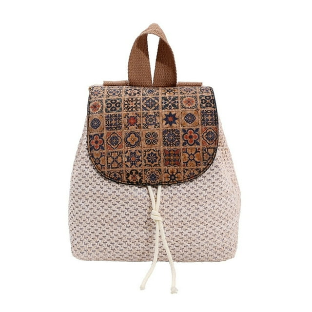 Women Beach Bag Large Capacity Woven Straw Backpack Seaside Vacation (Style 1)