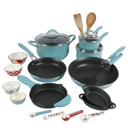 The Pioneer Woman Frontier Speckle 24-Piece Aluminum Cookware Combo Set, Turquoise