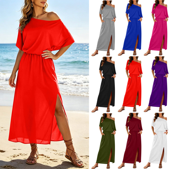 Dvprdro Off Shoulder Midi Dress for Women Short Sleeve Elastic Waist Side Pockets Side Split Solid Color Summer