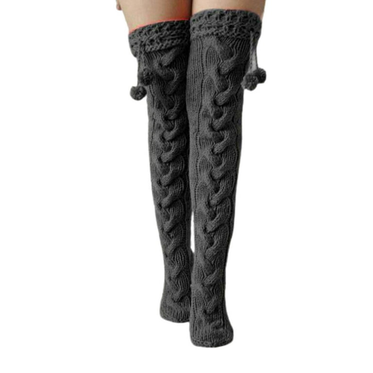 Women Winter Chunky Cable Knit Thigh High Socks Cute Plush Ball Bowknot Over Knee Extra Long Stockings Boot Cover Solid Color Leg Warmers