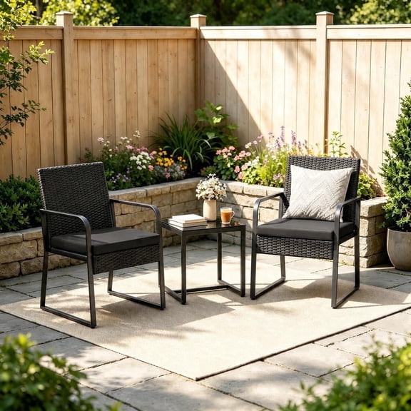 Balcony Furniture Set, Gizoon 3 PCS Patio Furniture Set with Breathable PE Wicker and Sturdy Alloy Steel Frame for Poolside/Backyard, Black
