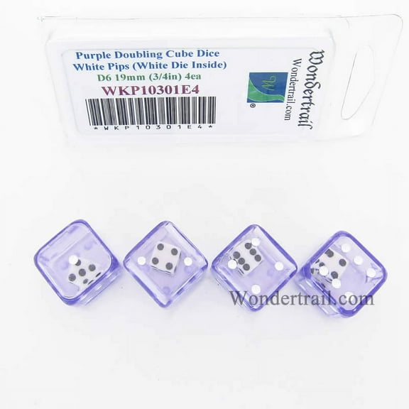 Purple Doubling Cube Dice with White Pips D6 19mm (3/4in) (White Die Inside) Pack of 4 Wondertrail