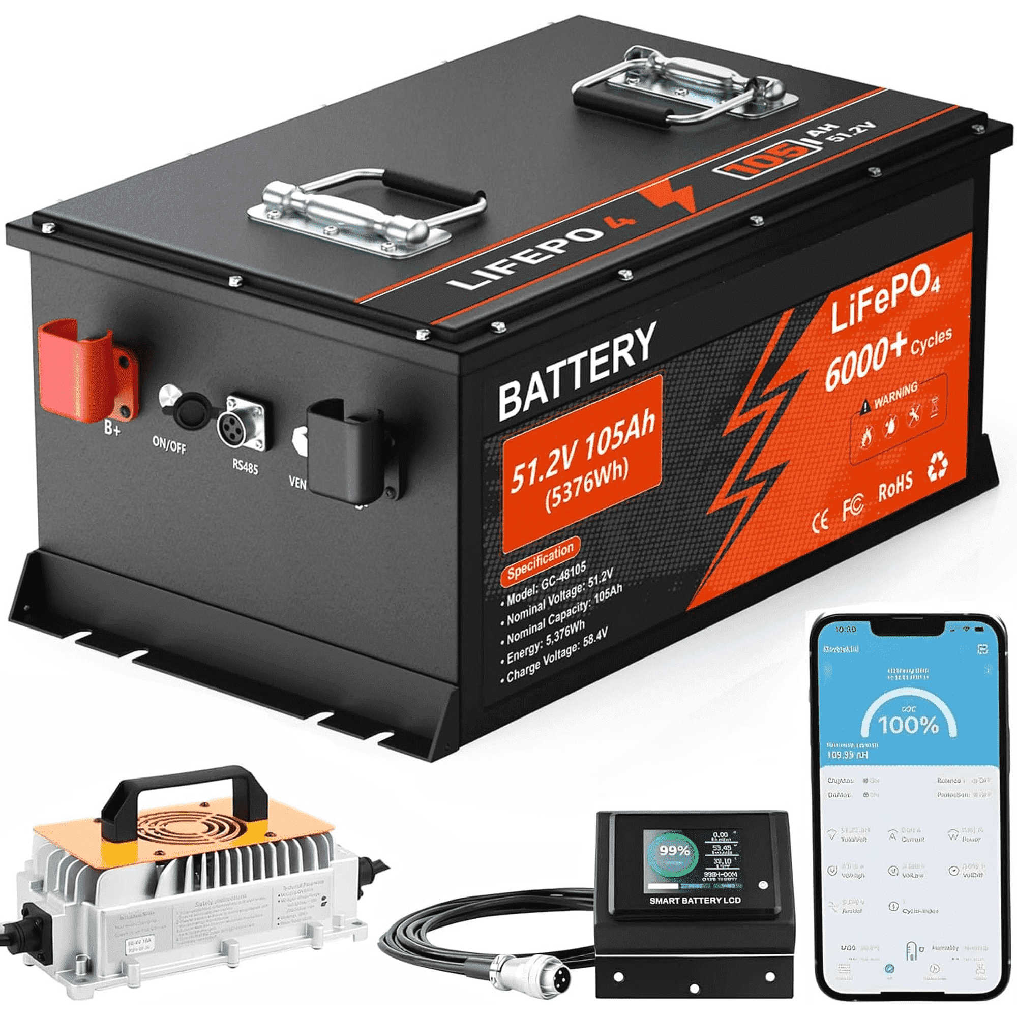 48V 105Ah Lithium Golf Cart Battery, 6000+ Cycles Rechargeable LiFePO4 Battery with 58.4V 18A Charger, Built-in 200A BMS, Stainless Steel Case, Touch LCD Monitor & Mobile APP, Perfect for Golf Carts