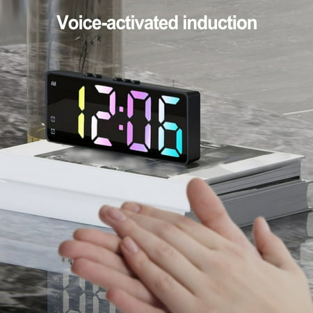 Led Mirror Colorful Digital Voice-Controlled Temperature Electronic Alarm Clock Black Smile Home