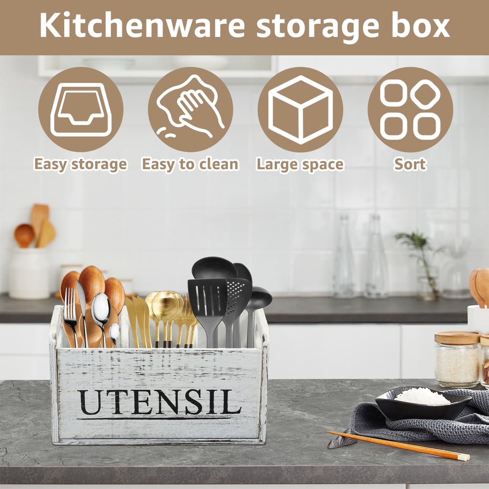 FUYGRCJ Wooden Kitchen Utensil Holder, Sturdy Cooking Utensil Holder, Detachable Farmhouse Utensil Holder Easy to Clean Kitchen Utensil Holder for Kitchen Home