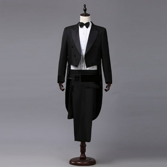 Hjcommed Hommes Robe Smoking Costume Performance Vêtements Magicien Scène Vêtements Quatre Pièces Costume Noir XS