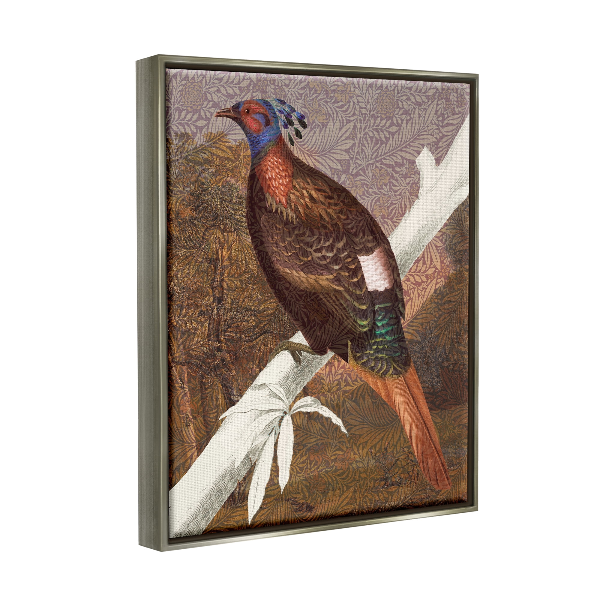 Stupell Industries Floral Patterned Pheasant Animals & Insects Painting Gray Floater Framed Art Print Wall Art, 25 x 31