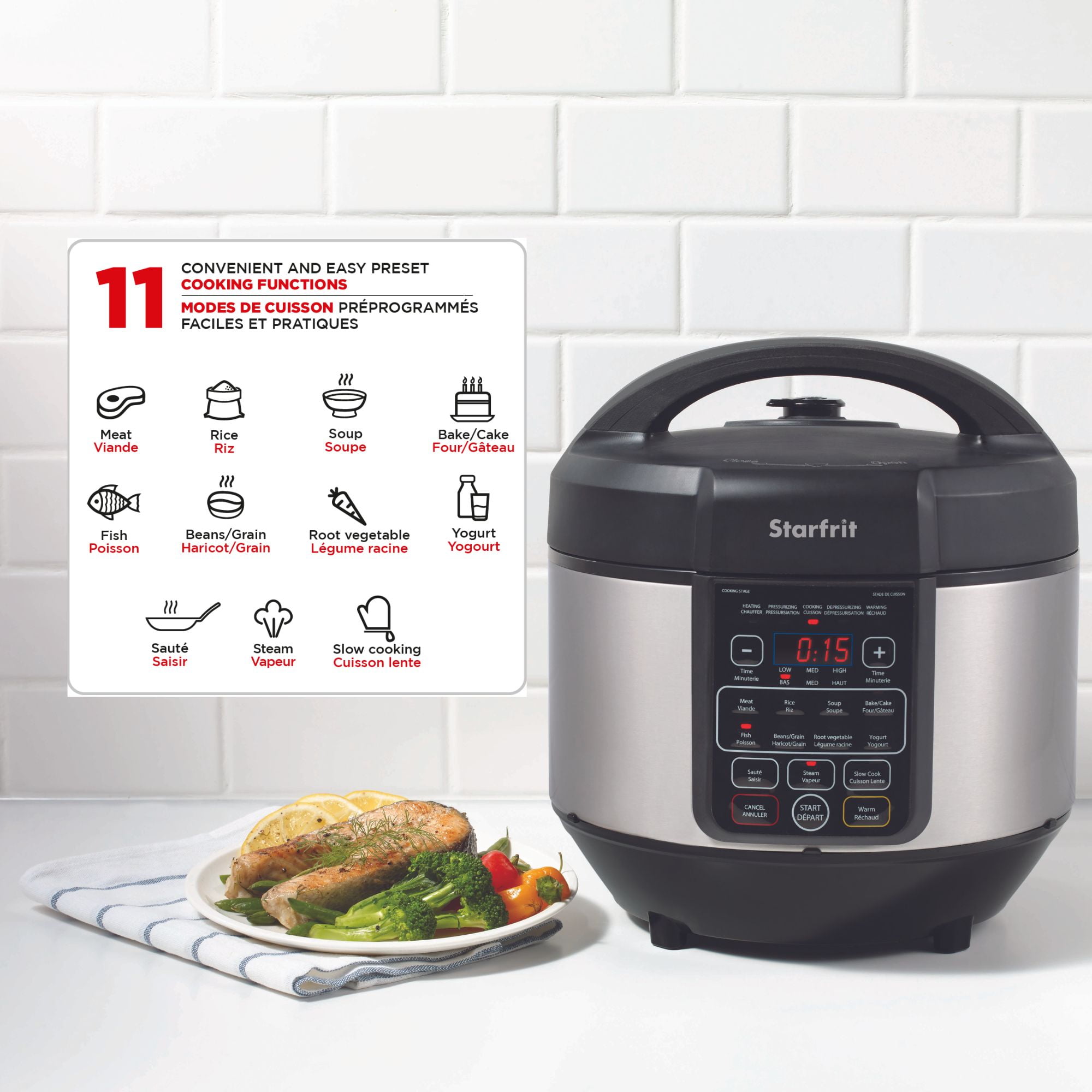 Starfrit Electric Pressure Cooker 8L (8,5Qt) Capacity, Steam Tray, Measuring Cup & Spatula, 11 Preset Cooking Functions, Black