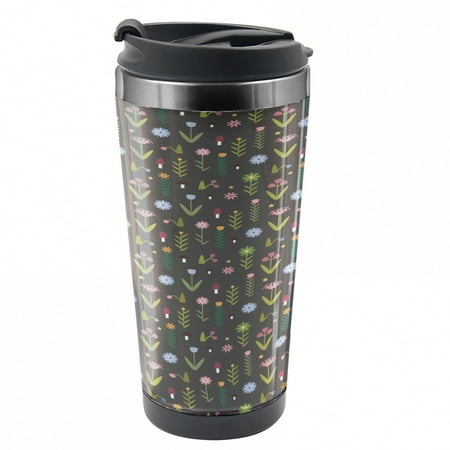

Floral Travel Mug Minimal Cartoon Flowers Steel Thermal Cup 16 oz by Ambesonne