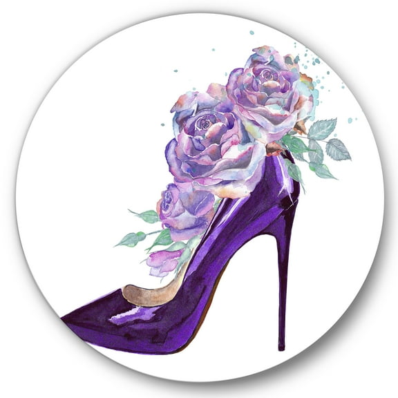 Designart 'Pink VIolet Roses With Dark Purple Stiletto Shoe' Traditional Circle Metal Wall Art 36x36 - Disc of 36
