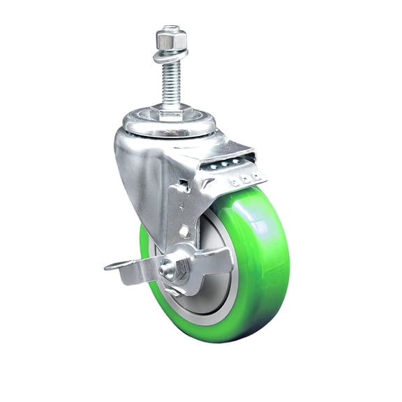 4 Inch Green Polyurethane Wheel Swivel 3/8 Inch Threaded Stem Caster with Brake