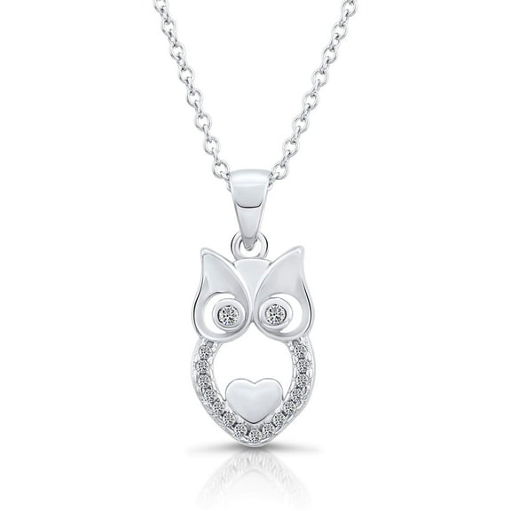 Tilo Jewelry 925 Sterling Silver Owl & Heart Charm Pendant Necklace with Cubic Zirconia Stones | 18 Inch | Women & Unisex