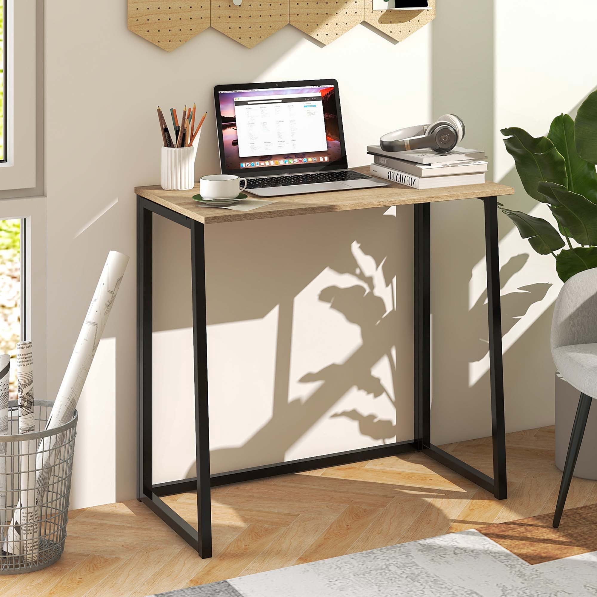 Costway Folding Computer Desk No Assembly Study Writing Table for Small Spaces Natural