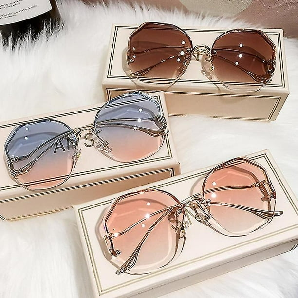 Gafas de sol redondas irregulares para mujer gafas de sol a la moda con degradado de disenador de marca gafas de sol para mujer con patillas curvas de Metal sin montura