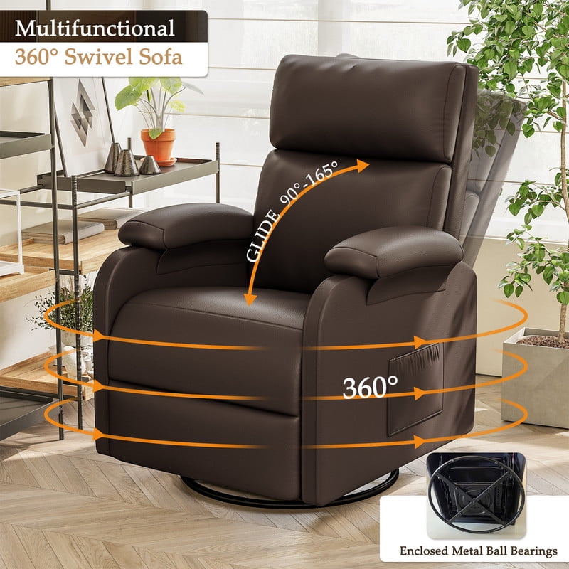 Homall 360° Massage Swivel Rocker Recliner Small Rocking PU Leather Chairs with Side Pockets for Small Spaces,Brown