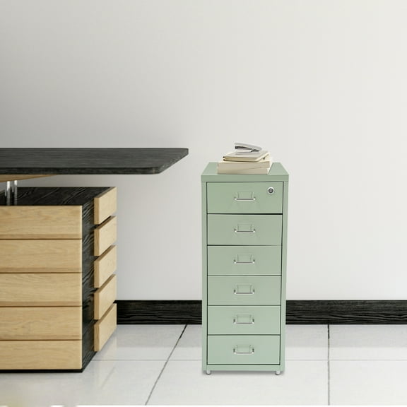 Cream Green Metal 28*41*69cm 6-Layer Wheeled File Lock Cabinet Movable Locker Multi-Layer Drawer Filing Cabinet