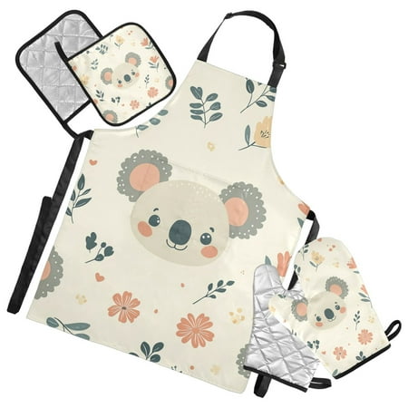 Cute Koala Faces Leaves Florals Apron Set with Oven Mitts Pot Holders Set of 5 Kitchen Stuff Accessories