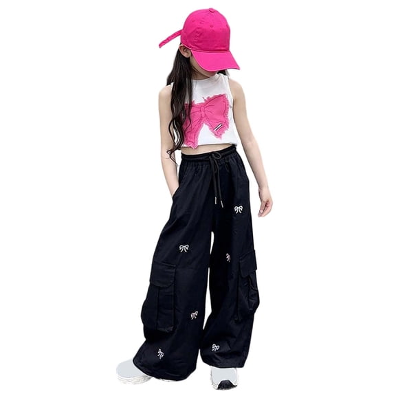 WOYY Girls High Waist Wide Leg Cargo Pants Baggy Drawstring Streetwear Pants, Black, Sizes 6-16