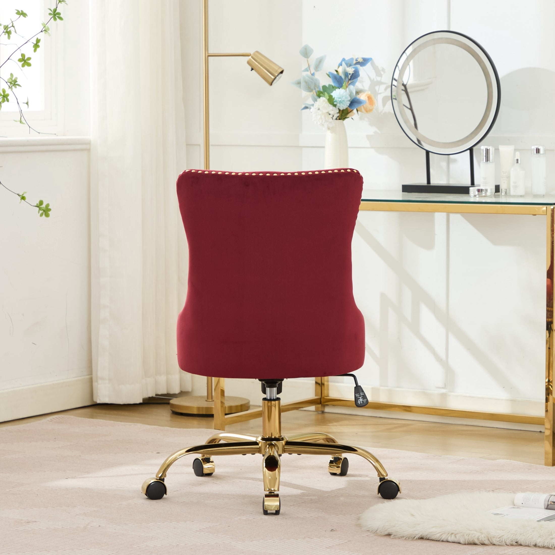Noble House Velvet Office Chair, Tufted Adjustable Desk Chair with Gold Metal Base, 360° Swivel, Wine Red