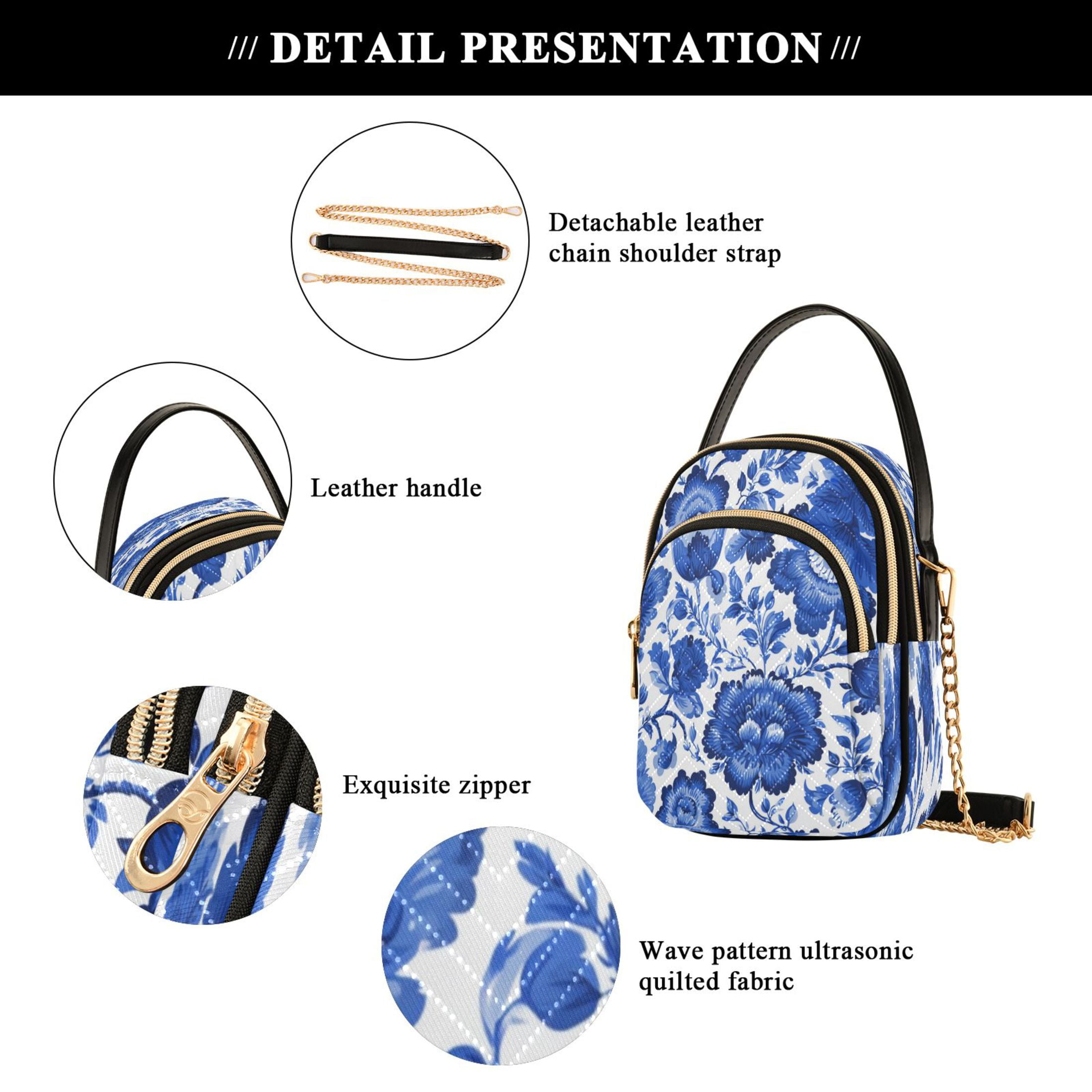 Quilted Women's Crossbody Bag Purses and Handbags with Detachable Leather Strap Blue Floral Pattern