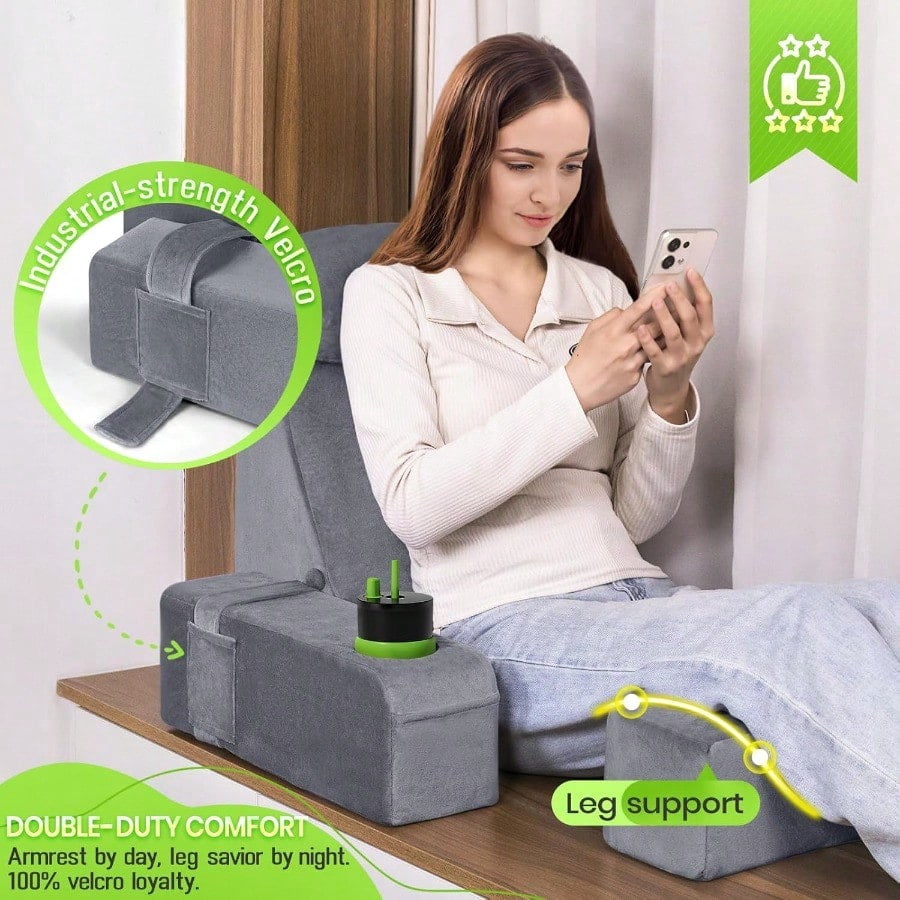 Reading Pillow For Adults Back Pillow For Bed Sitting Up Backrest Pillow For Sitting In Bed Detachable Arms With Builtin Cup Phone Caddy Gray 19 INCH