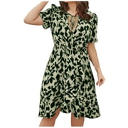 Uheoun Women's Plus Size Floral Dress Summer Short Sleeve Deep V-Neck Sundress Ruffled Hem Dress Summer Savings Clearance