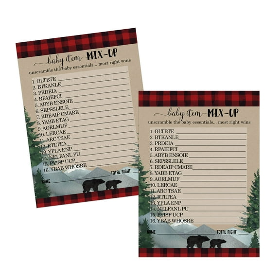 Lumberjack Baby Shower Game Word Scramble 25 Pack Unscramble Activity Cards Rustic Little Bear Design Red and Black Theme Printed 5 x 7 Size Set Paper Clever Party