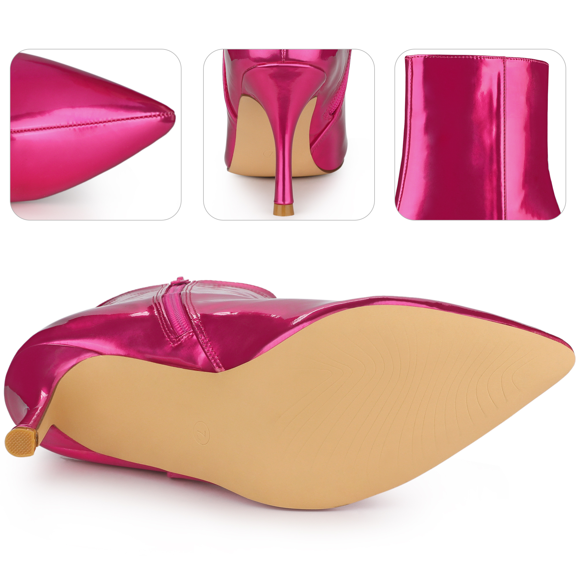 Unique Bargains Mirror Leather Pointy Toe Zipper Stiletto Heels Ankle Boots for Women Hot Pink 7